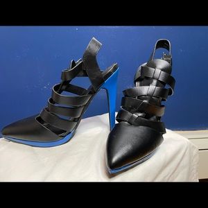 black caged heel with blue heel